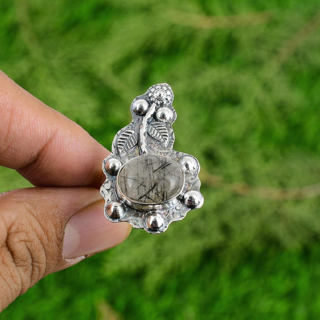 Gift For Women Statement Flower Adjustable Ring 925 Silver Natural Black Rutile
