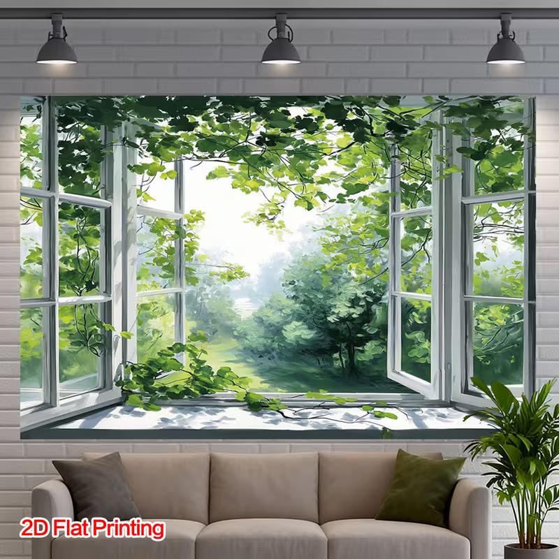 2D Natural Vine Window View Backdrop Bright Green Forest Themed Background