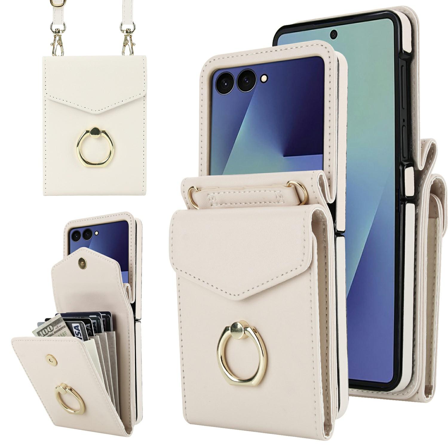 

For Samsung Galaxy Z Flip7 5G Case Litchi Texture PU Leather+TPU Phone Cover with Shoulder Strap White