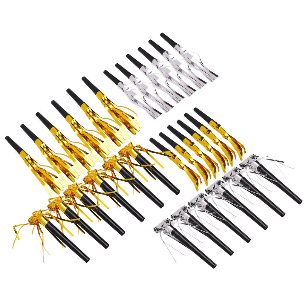30PCS Party Blowers Metallic Fringed Party Horns Whistles Noisemakers Party Favors for Adults Birthday Graduation Gold