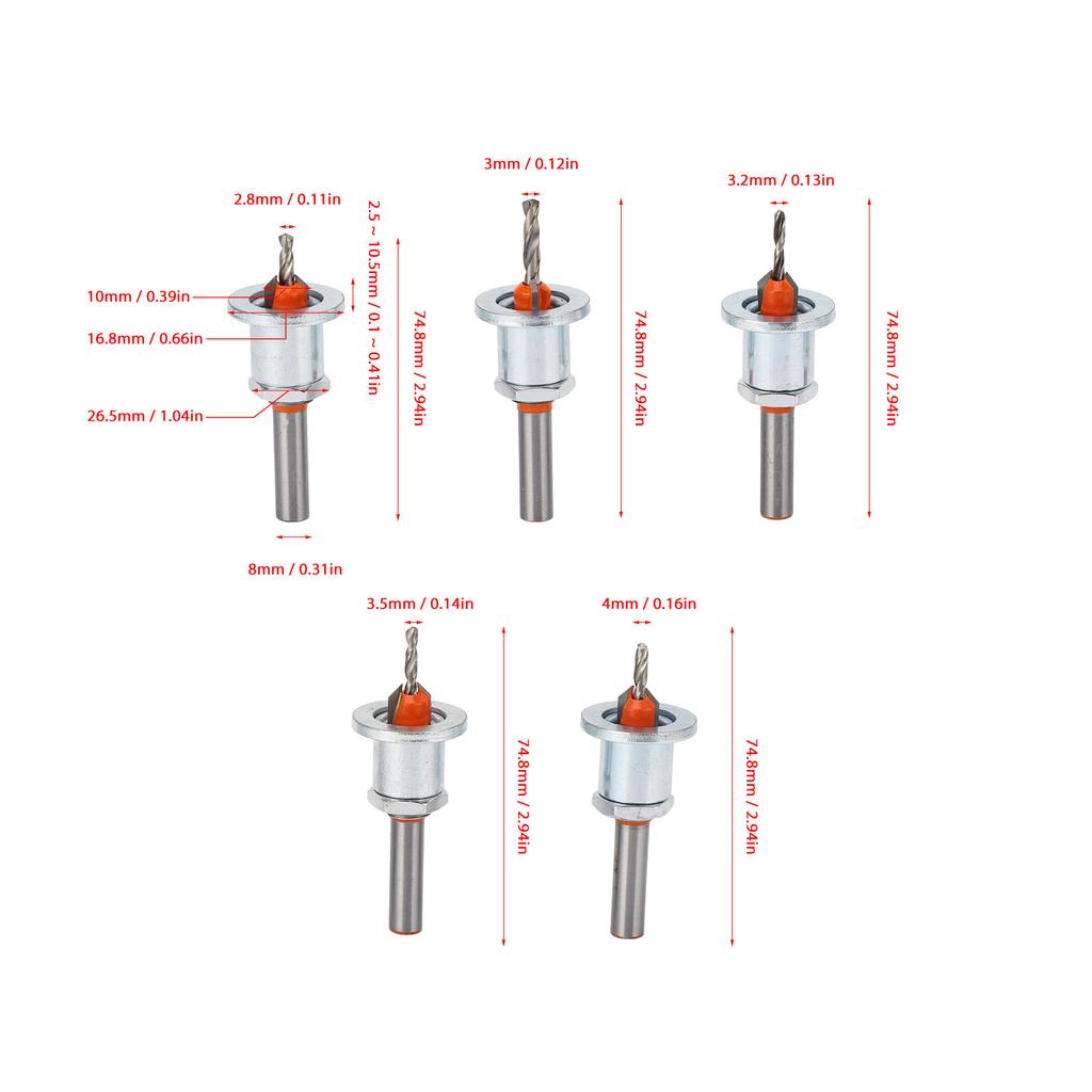 5Pcs Adjustable Depth Countersunk Bit Alloy Steel Silver Limit Taper Hole Drill for Woodworking Countersunk Bit Stopper