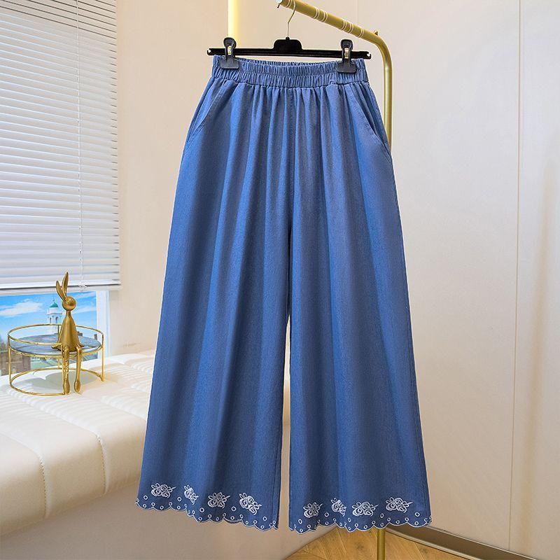 

Large Elastic High Waisted Patchwork Lace Denim Jeans for Women In Summer Thin Fit Loose and Versatile Casual Wide Leg Straight Leg Pants L светло-синий