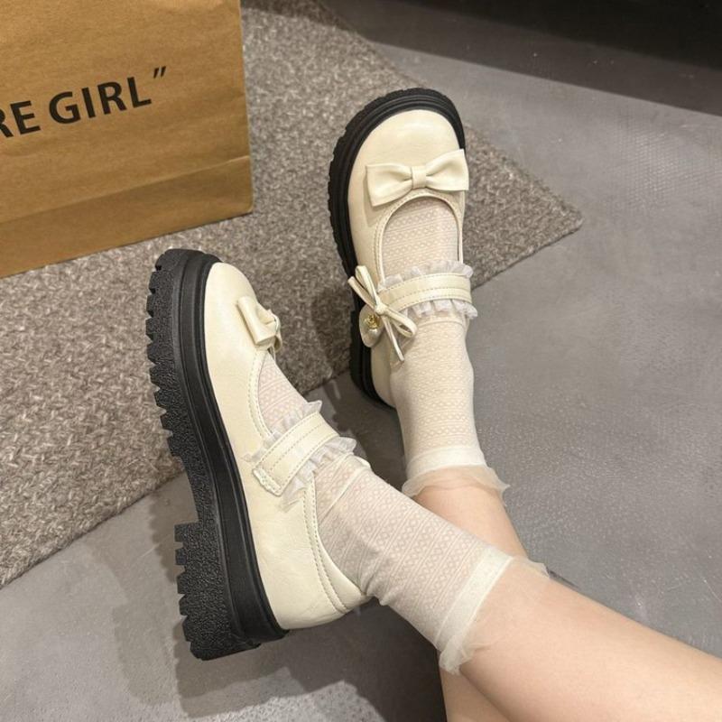 College style solid color bow spring new round head cute single shoes student small leather shoes