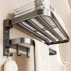 Towel Rack Foldable Wall Mounted Space Aluminum Towel Rail with Hooks Black Matte Finish Durable Rust-Resistant Bathroom Storage