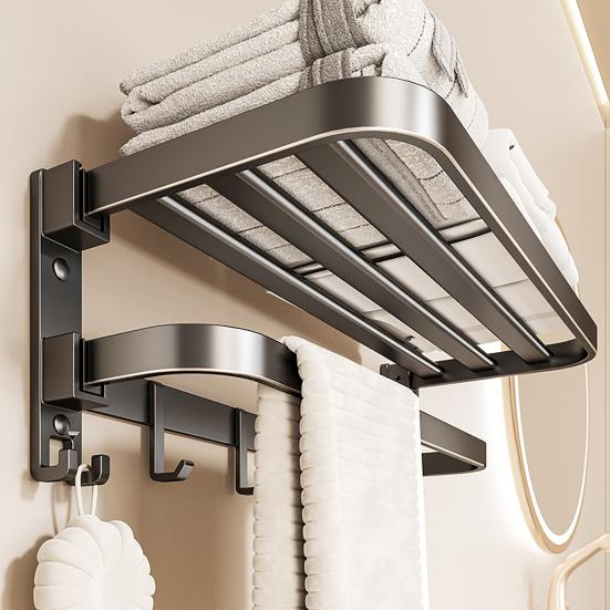 Towel Rack Foldable Wall Mounted Space Aluminum Towel Rail with Hooks Black Matte Finish Durable Rust-Resistant Bathroom Storage