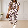 Women Plus Size White Purple Printed Round Neck Short Sleeve Top Drawstring Cuffed Pocket Pants Two Piece Set