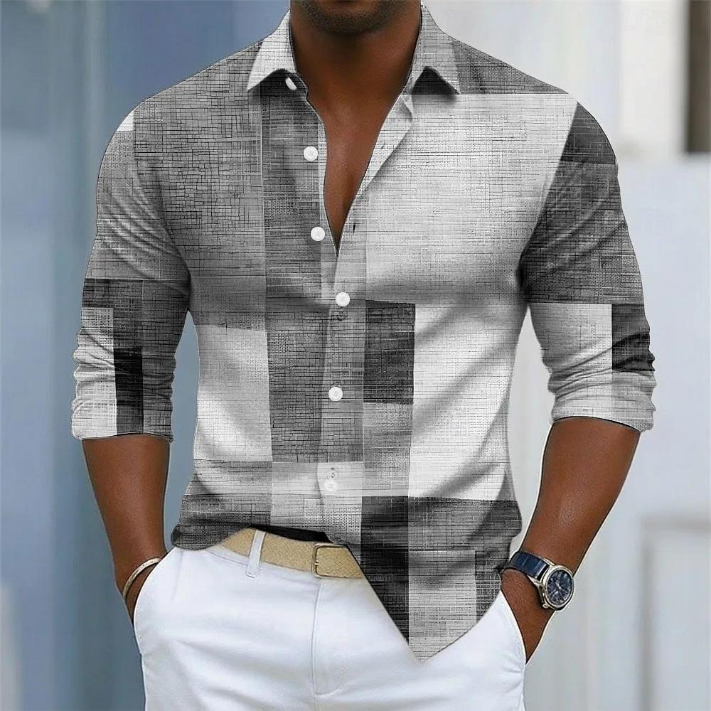 

Men s Geometric Color Block Grid Plaid Patterns Shirt Button Up Shirts Long Sleeve Fashion Casual Fall 3D Print Collared Shirt M серый