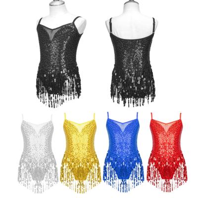 Kids Girls Stylish Dance Clothing Sleeveless Shiny Sequins Latin Tassel Dress Gymnastics Leotards Skating Dresses