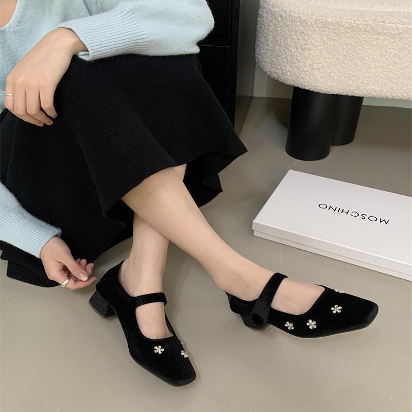 Inner height increase round head suede Mary Jane single shoes women's shoes 2025 new spring and autumn red with skirt evening shoes