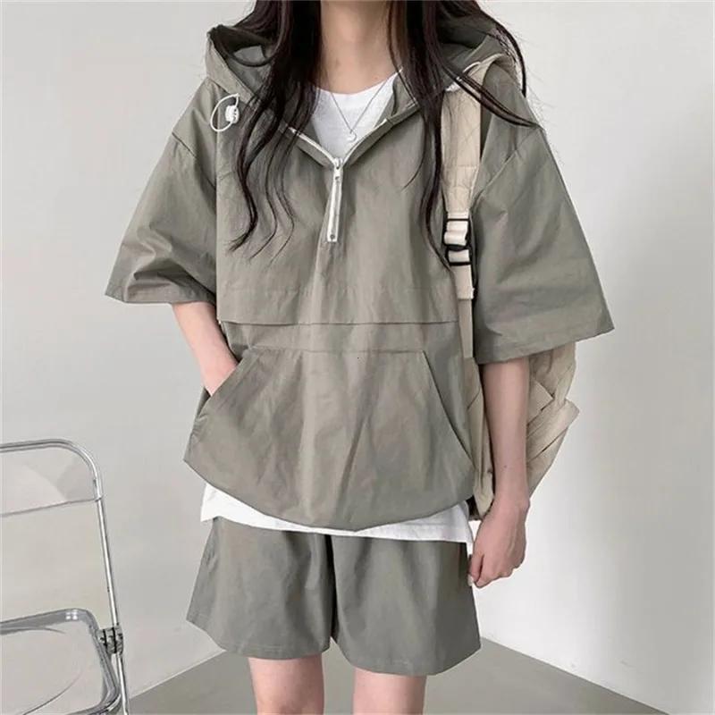 Zestawy Damskie 2 Części Dres Lato Szorty T-shirt Z Kapturem Luźny Sportowy Dres Treningowy Spodnie Garnitur Styl Koreański