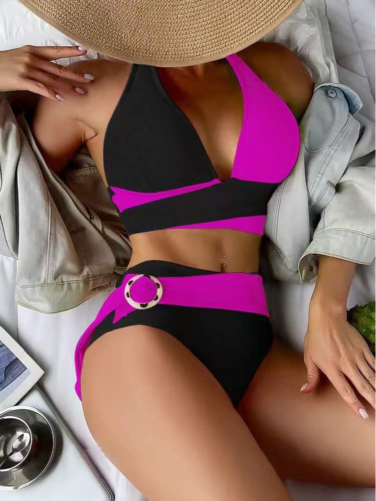 2025 Sexy Color Block Deep V Lace-Up Two-Piece Swimsuit