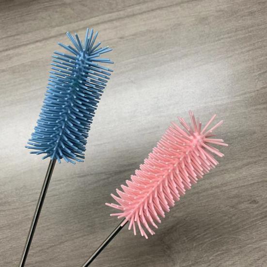 Silicone Bottle Brush with Stainless Steel Long Handle Press-Rotating Design Soft Bristle Cup Brush