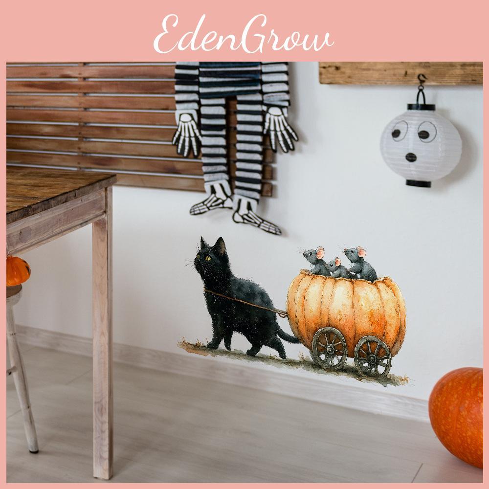 Halloween Cat Cartoon Pulling Pumpkin Cart Sitting Mouse Home Stickers Decor