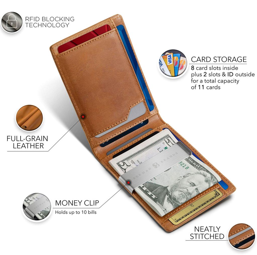 SERMAN BRANDS Portafoglio con Fermasoldi - Portafoglio da Uomo Sottile per Tasca Anteriore Porta Carte con Blocco RFID Bifold Mini Minimalista, 4,3 x 3,1 x 0,6 pollici