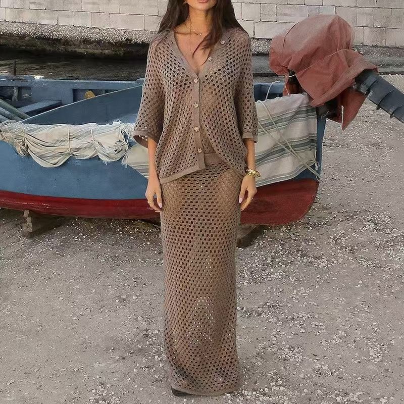 

Western Style Hollow Knit Top Skirt sets Knited Shirt and Skirt Suit Set Brown XXL