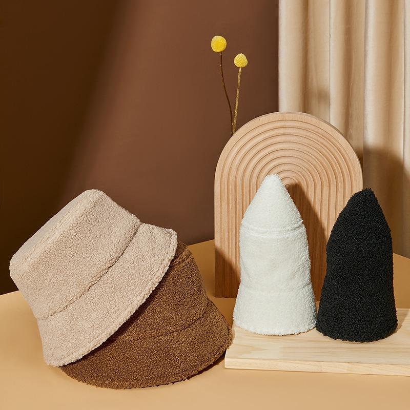 Spring and summer hat casual men's bucket hat solid color versatile women's basin hat warm lamb wool bucket hat