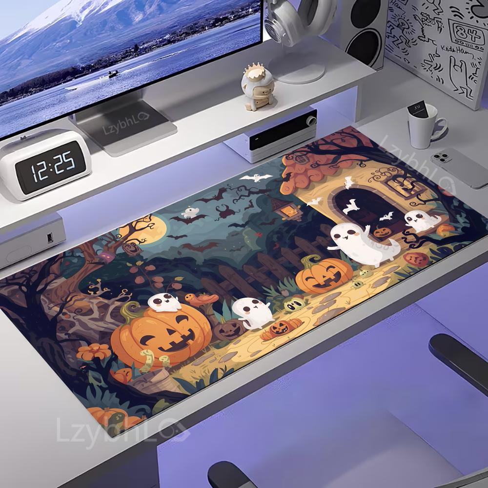 Halloween Cute Ghost Black Cat Pumpkin Forest Gaming Mouse Pad Non Slip Rubber Stitched Edge Mousepad Large Keyboard Desk Mat