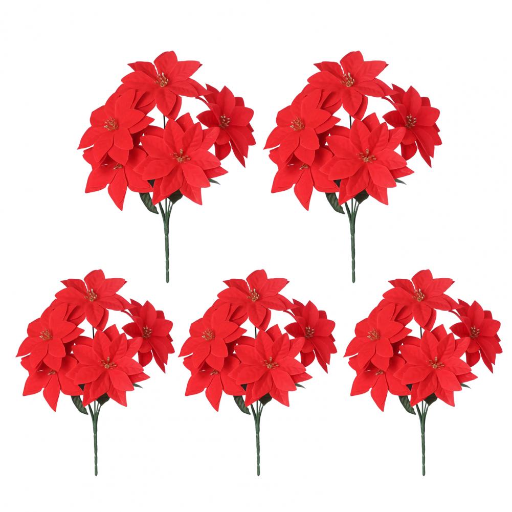 Faux Poinsettia Stems Flowers 13 Inch Artificial Poinsettia Flower Bouquet With 5/7 Heads Faux Silk Christmas Floral Arrangement