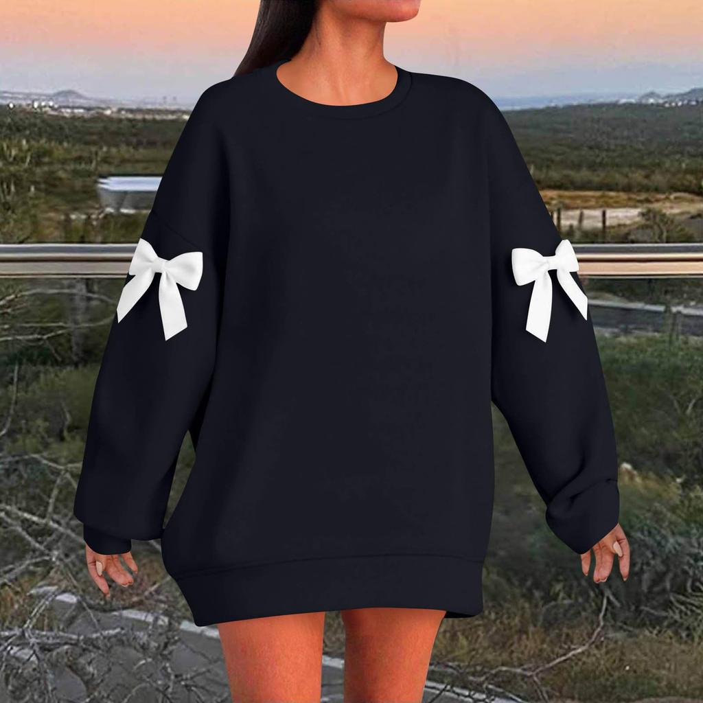 Women's Solid Color Bow Round Neck Long Sleeved Loose Pullover Sweater Sweatshirt