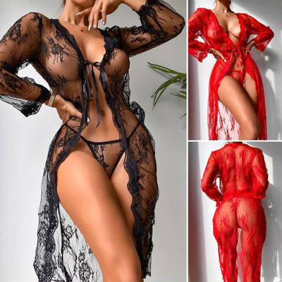 Nachthemd für Damen, vorne offen, mit Schnürung, zweiteilig, transparente Blumenspitze, sexy