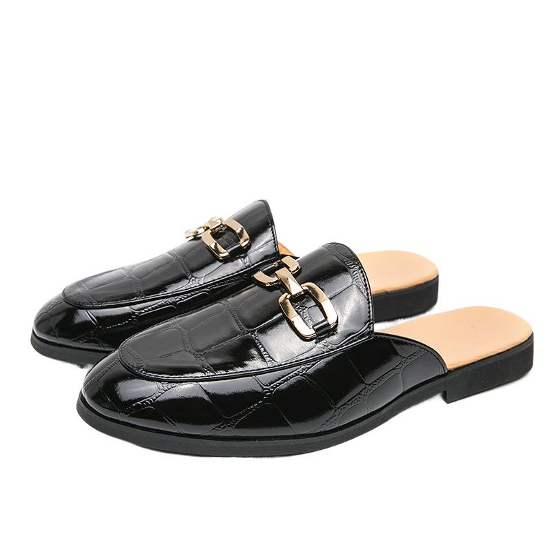 Summer Bag Head Half Slippers Men's Casual Small Leather Shoes Lazy One Pedal Embroidered Beanie Shoes Personalized Trend Sandals