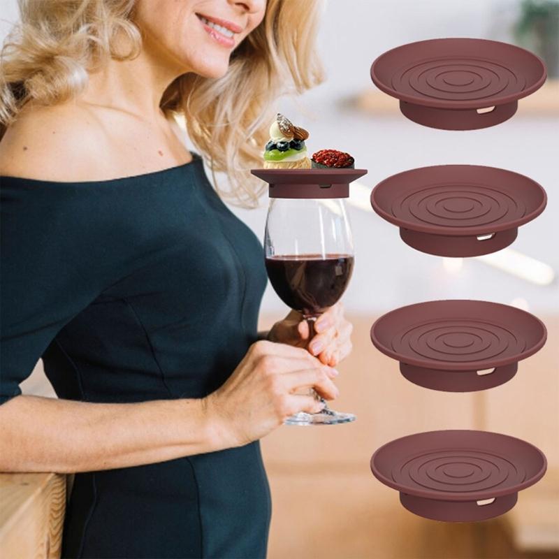 4 Piece Silicone Wine Cup Covers With Snacks Trays Efficient Dishwasher Safe Multipurpose Kitchens Accessories