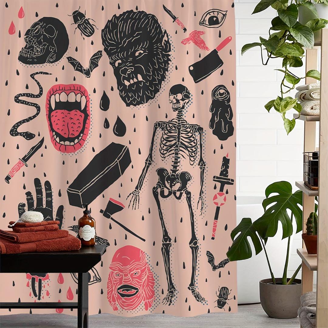 

1Pcs Halloween Decoration Pink Fashion Skeleton Pattern Shower Curtain Bathroom Decor Halloween Decoration Indoor Curtain Only90x180curtain