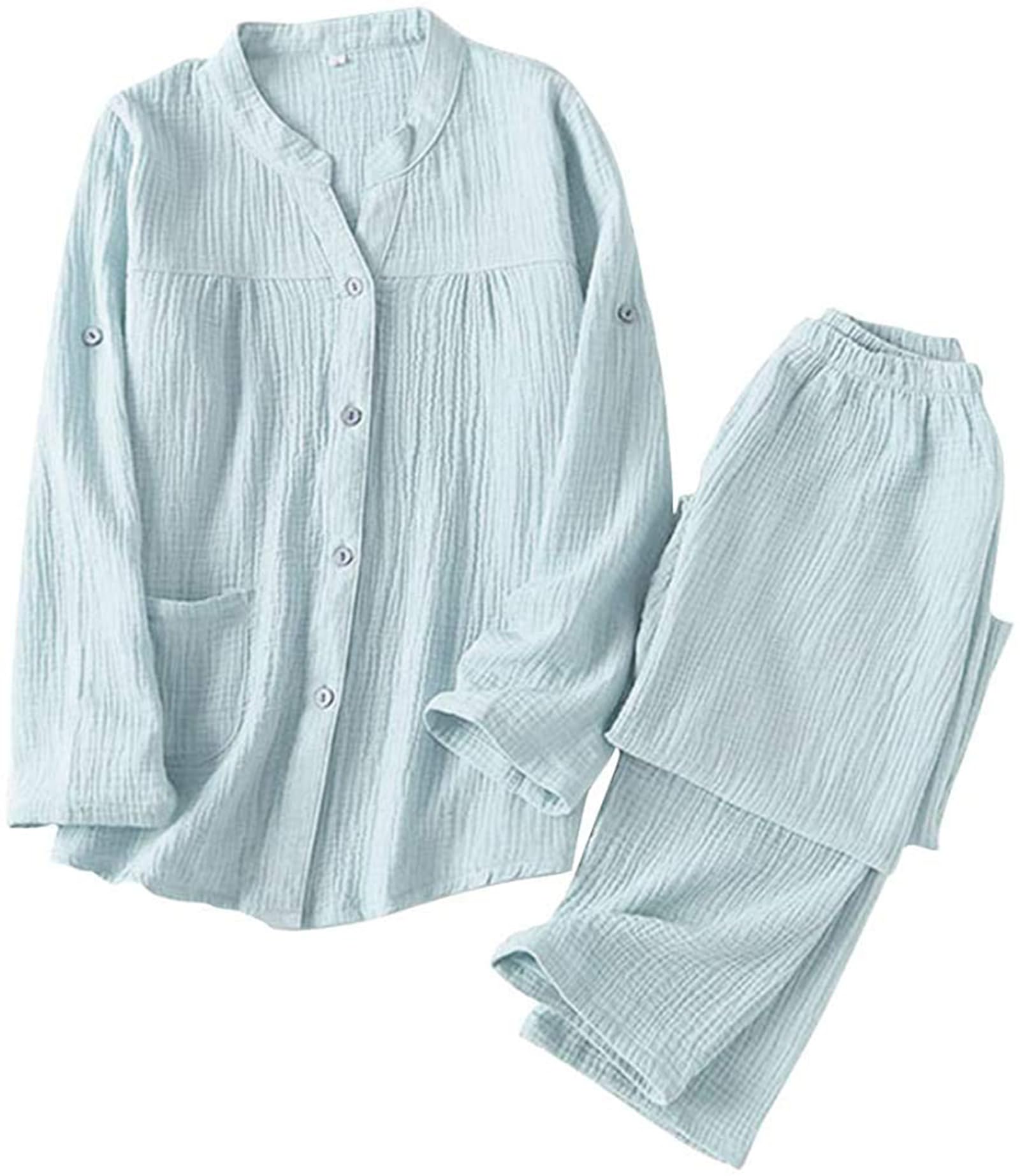 

LA MIU Long Sleeve Top and Bottom Simple Comfortable Hot Spring Korean Blue A XL Women s Pajamas, 100% Cotton, Set, Simple, Design, Soft, Breathable,