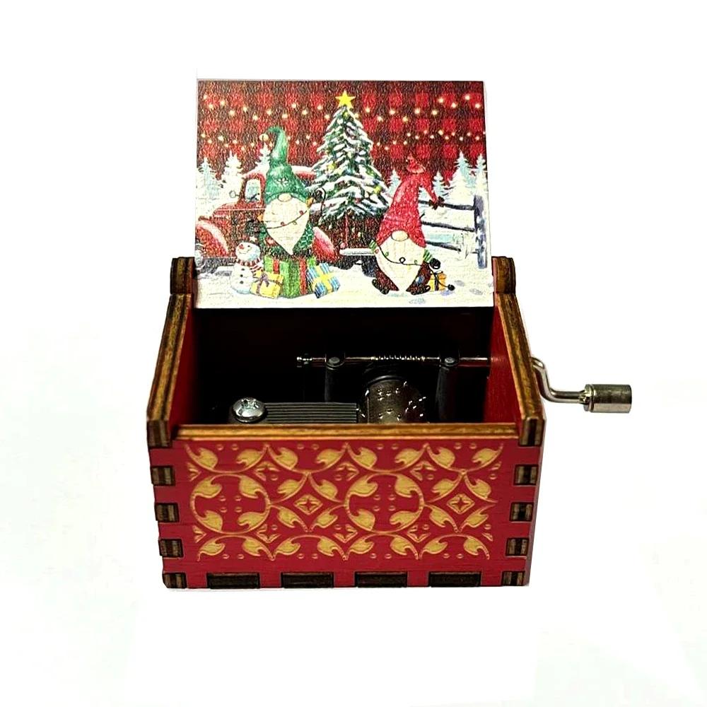 Christmas wooden painted music box wooden hand crank music box holiday gift