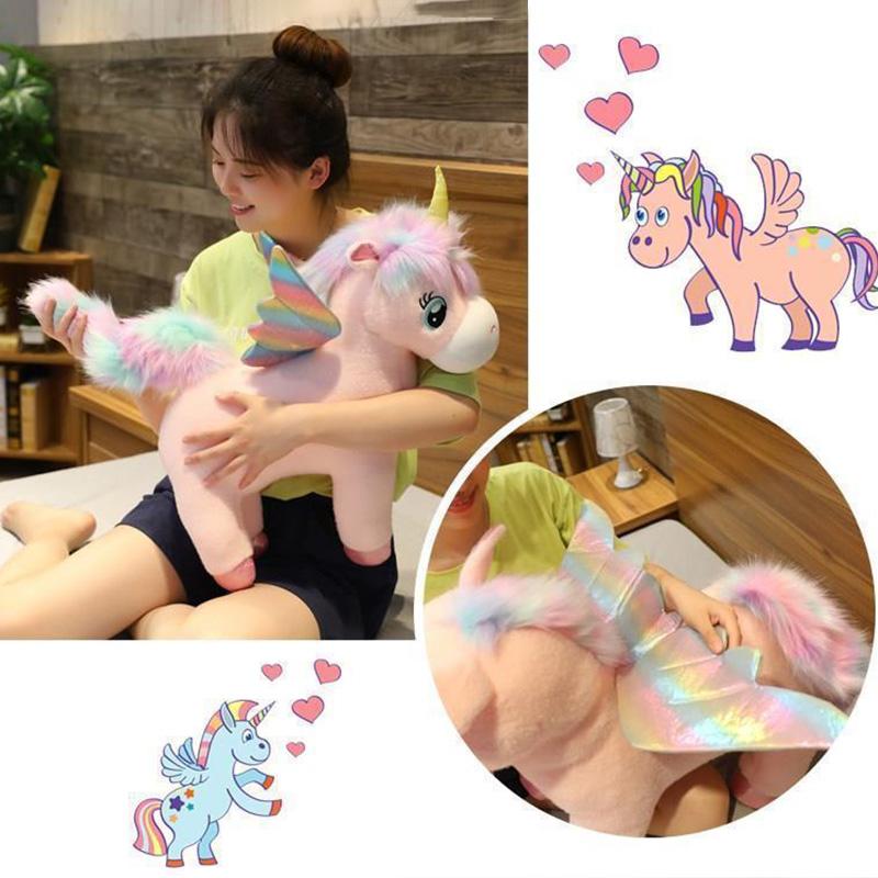 Kawaii Unicorn with Wing Plush Toys Soft Stuffed Doll Animal Fluffy Hair Fly Horse Pillow Cousion for Girl Birthday Gift Kid Toy