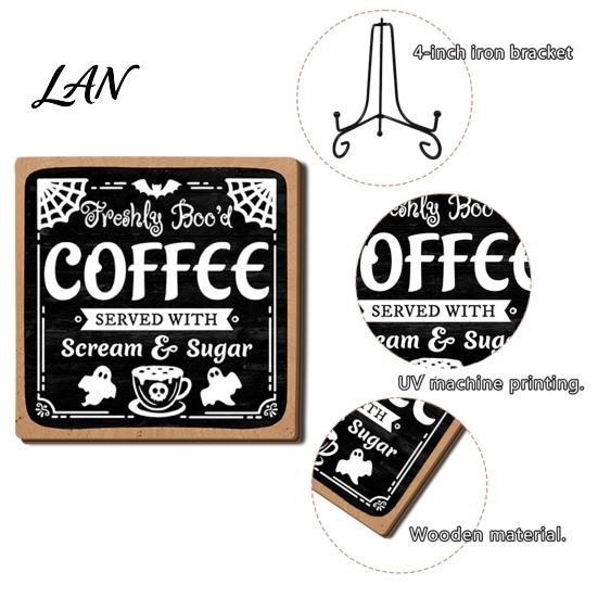 Desktop Ornaments for Home Halloween Coffee Bar Wooden Sign with Iron Display Stand Corner Small Plaques Counter Tabletop Decor, Rustic Wood