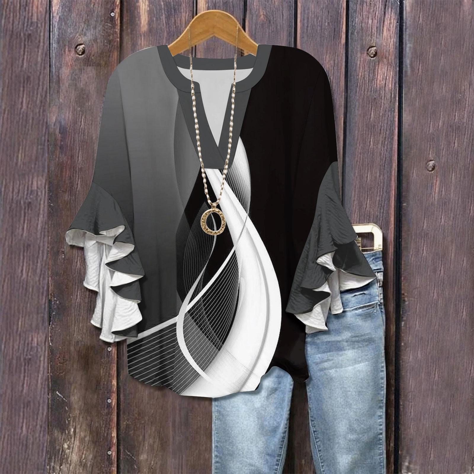 

Рубашки с рукавами 3/4 для женщин, симпатичные футболки с графическим принтом, блузки, повседневные, больших размеров, базовые топы с оборками на рукавах, пуловеры XXL чёрный