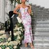 Mesh printing suspender dress, European and American sexy hollowed-out backless hip-wrapped fishtail knitted dress