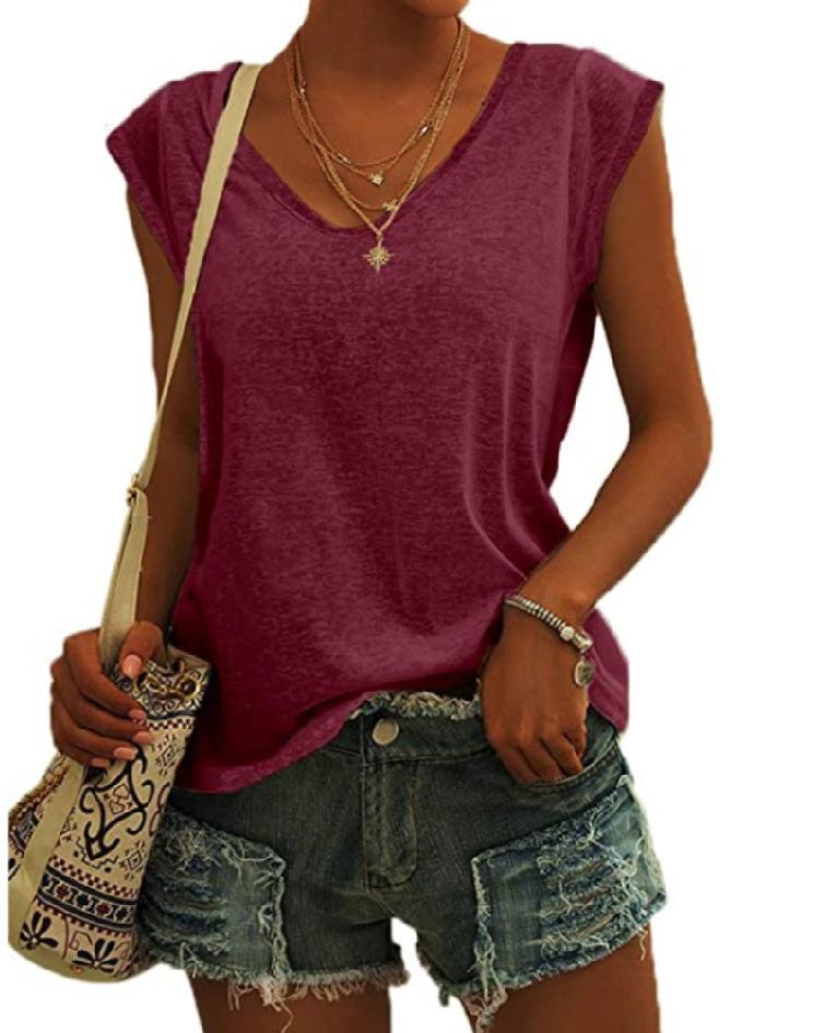 T-shirt estiva tinta unita con scollo a V, top da donna allentato, resistente all'usura, confortevole