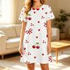 Women Short Sleeve Sleep Dress, Round Neck, Cute Red Cherry, Heart And Bow All Over Print, Lightweight Comfort Home Loungewear