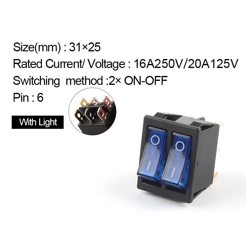 1 buc întrerupător basculant cu buton dublu cu lumină 31 * 25 mm 6 pini 2/3 poziții întrerupător de alimentare pentru barcă ON-OFF/ON-OFF-ON 16A/250V 20A/125V KCD4