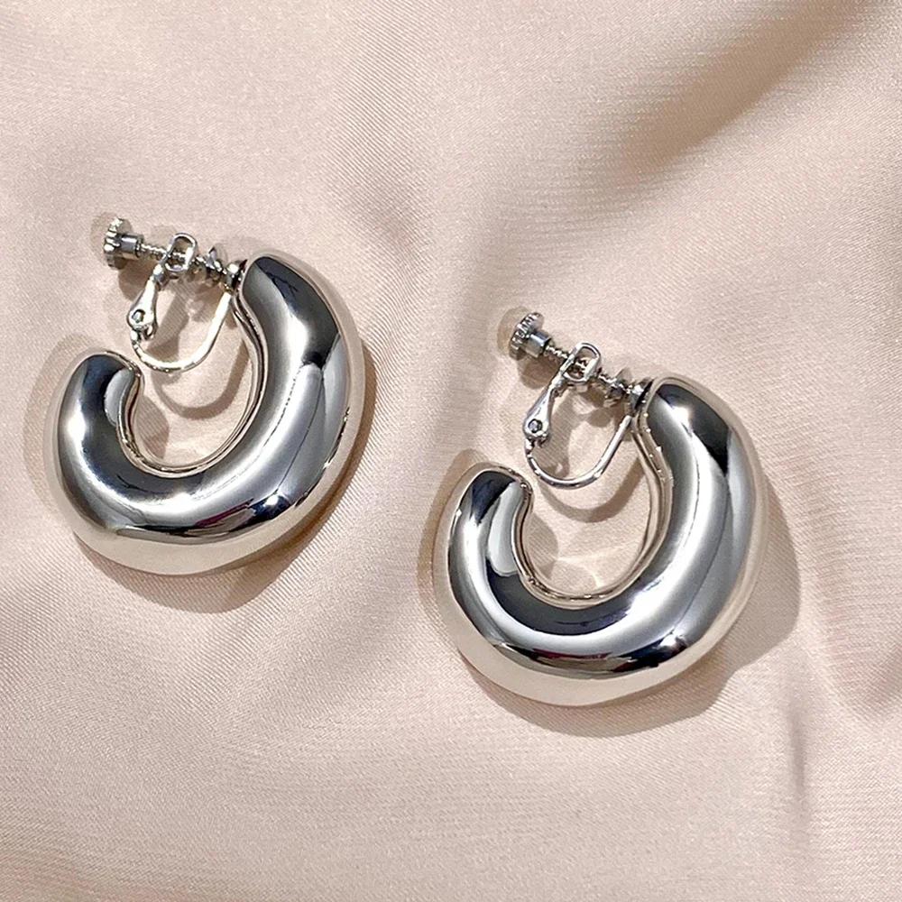 Vintage Oversize Chunky Round Circle Clip Earring for Women C Shape Tube Thick Without Pierced Hoop Earclips Jewelry Trendy
