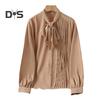 Women Shirt Stand Collar Lace-up Bowknot Long Sleeve Pleated Pullover Tops Solid Color Loose Fit Chiffon Blouse