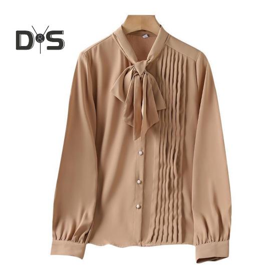 Women Shirt Stand Collar Lace-up Bowknot Long Sleeve Pleated Pullover Tops Solid Color Loose Fit Chiffon Blouse