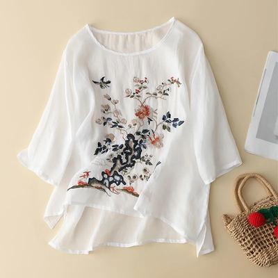 Damen Top Kurzarm Rundhals Blusen Baumwolle Leinen Bluse Sommer Retro Casual Stickerei Shirt