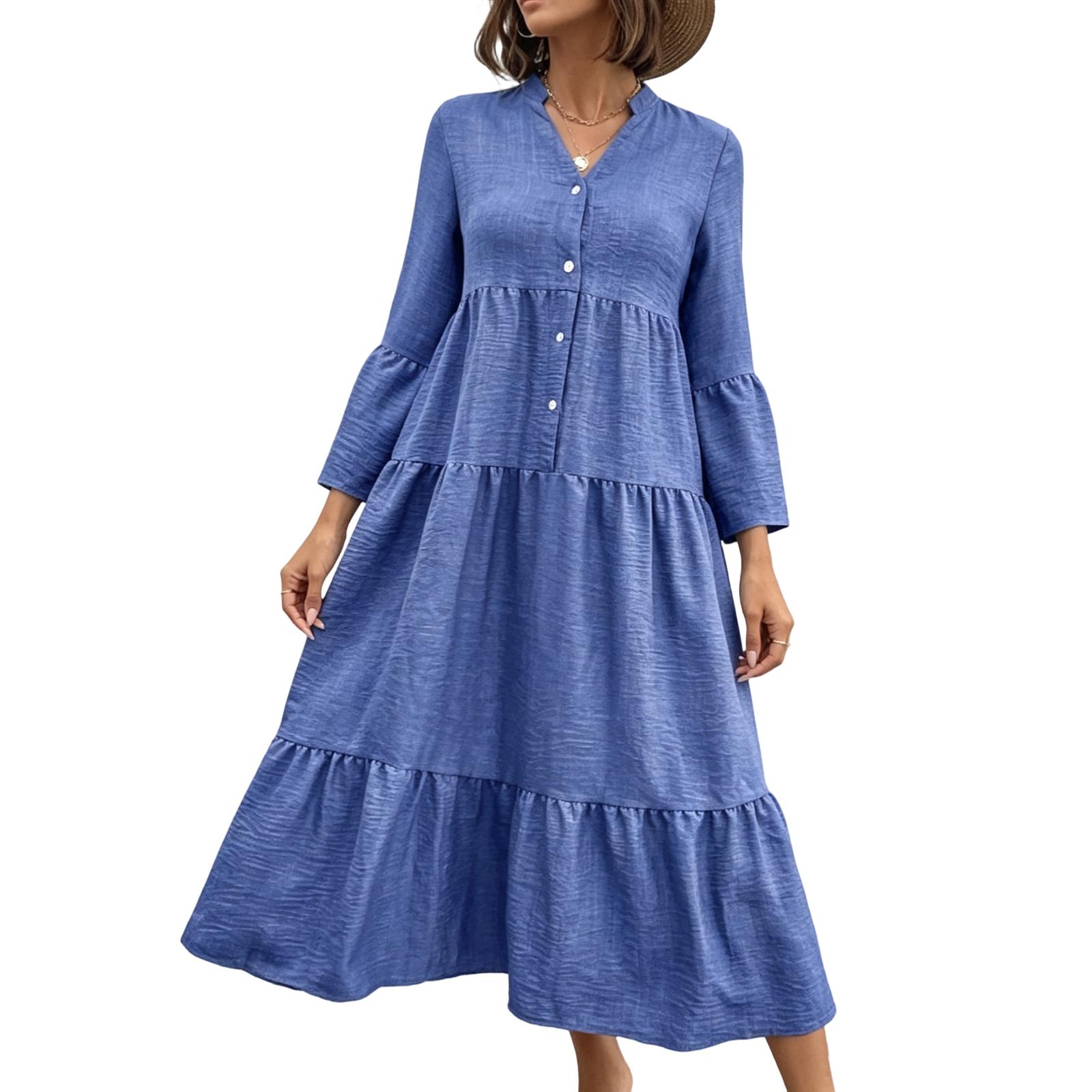 

Women s Fall Long Sleeve Maxi Dress V Neck Hollow Out Eyelet A Line Long Casual Party Dresses XXL синий