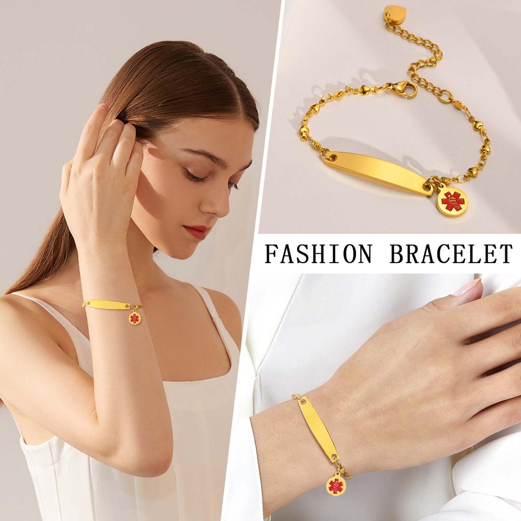 Free Customized Medical Bracelet for Women Customized Name Date Chain Bracelets Hypoallergenic Stainless Steel Jewelry Gift