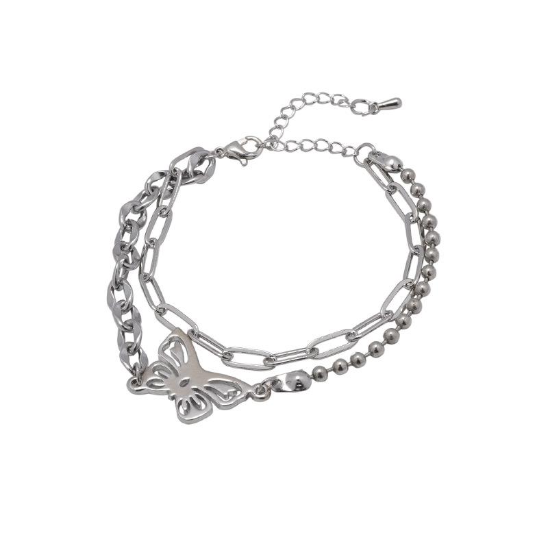 New double-layer stacked bead chain hollow butterfly splicing bracelet hip-hop cold wind hand jewelry accessories women
