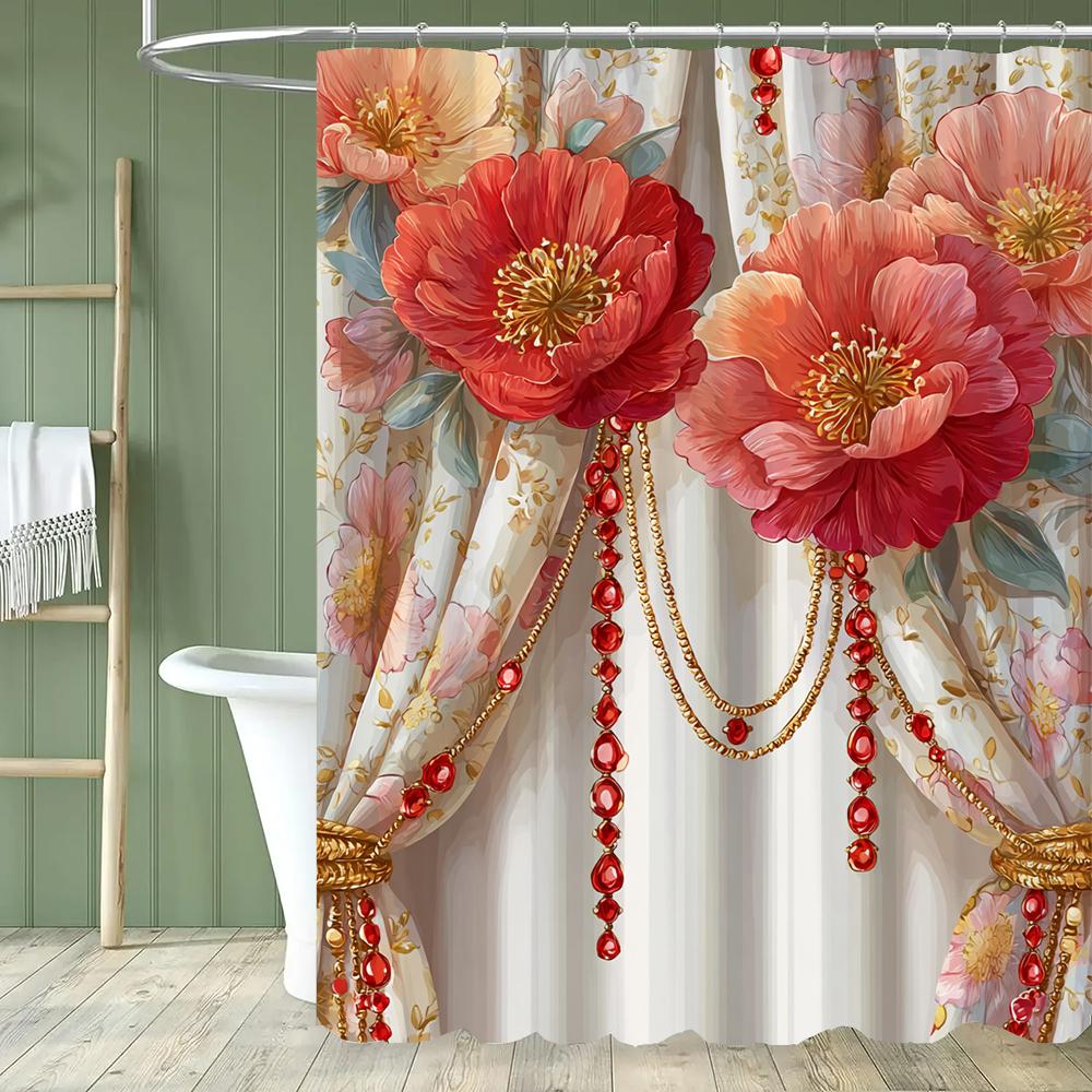 1 Piece Imitation Of European Flower Style Shower Curtain, Bathroom Curtain With Hooks,Printed Polyester Home Decorative Curtain