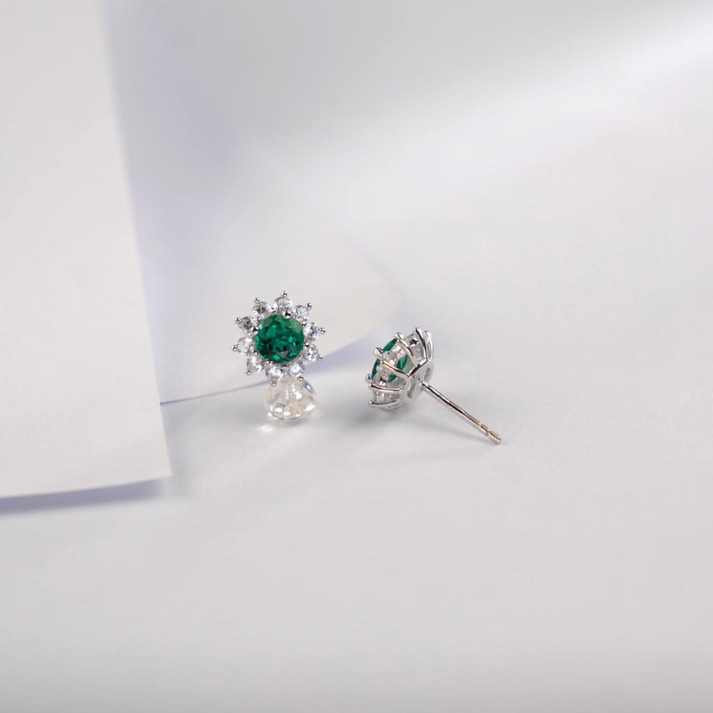 Zhou Hengfu S925 Sterling Silver Emerald Earrings - European & American Simple Fashion Light Luxury