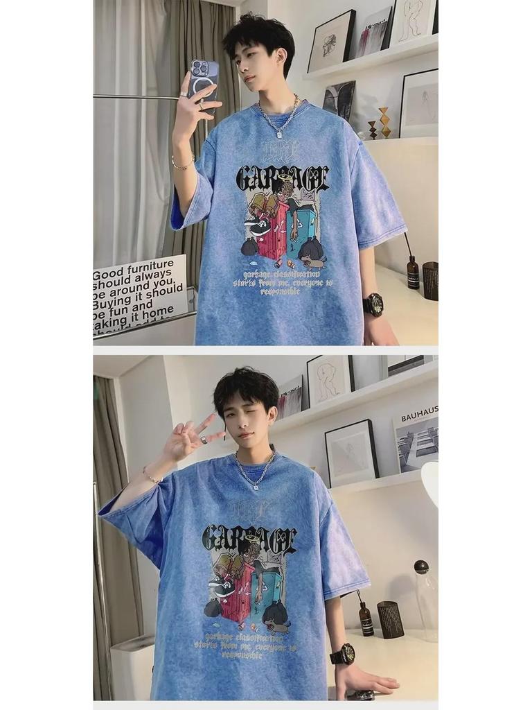 European & American High Street Retro Washed Hip-Hop T-Shirt - Men’s Summer West Coast Cotton Heavyweight Short Sleeve