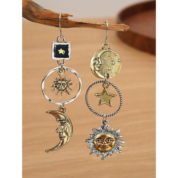 1 Pair Vintage Creative Moon And Sun Long Pendant Earrings, Fashion Ear Jewelry