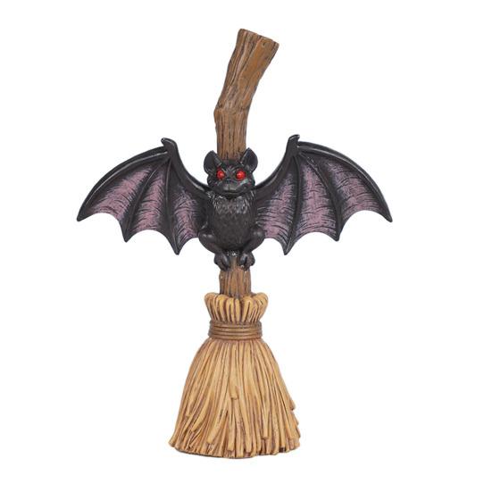 Halloween Broom Bat Figurine Resin Bat with Red Eyes Tabletop Decoration for Indoor Outdoor Home Patio Decor