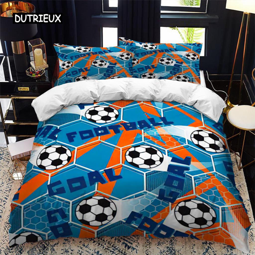 Soccer Duvet Cover Set 2/3pcs FootBall Print Bedding Set with Comforter Cover and Pillowcases Ball Theme for Kids Teens Adults