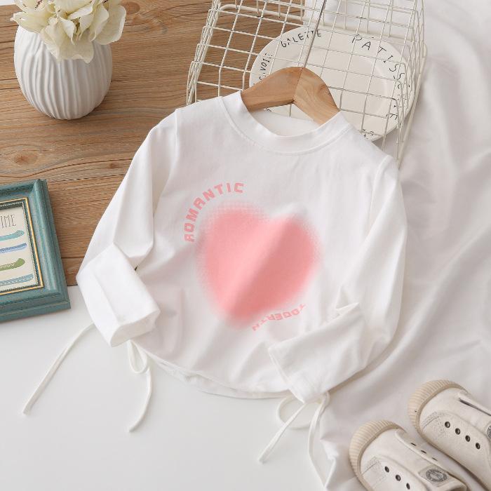 Girls Fall Korean Heart Drawstring Irregular Long Sleeve T Shirt Baby Fashionable Top
